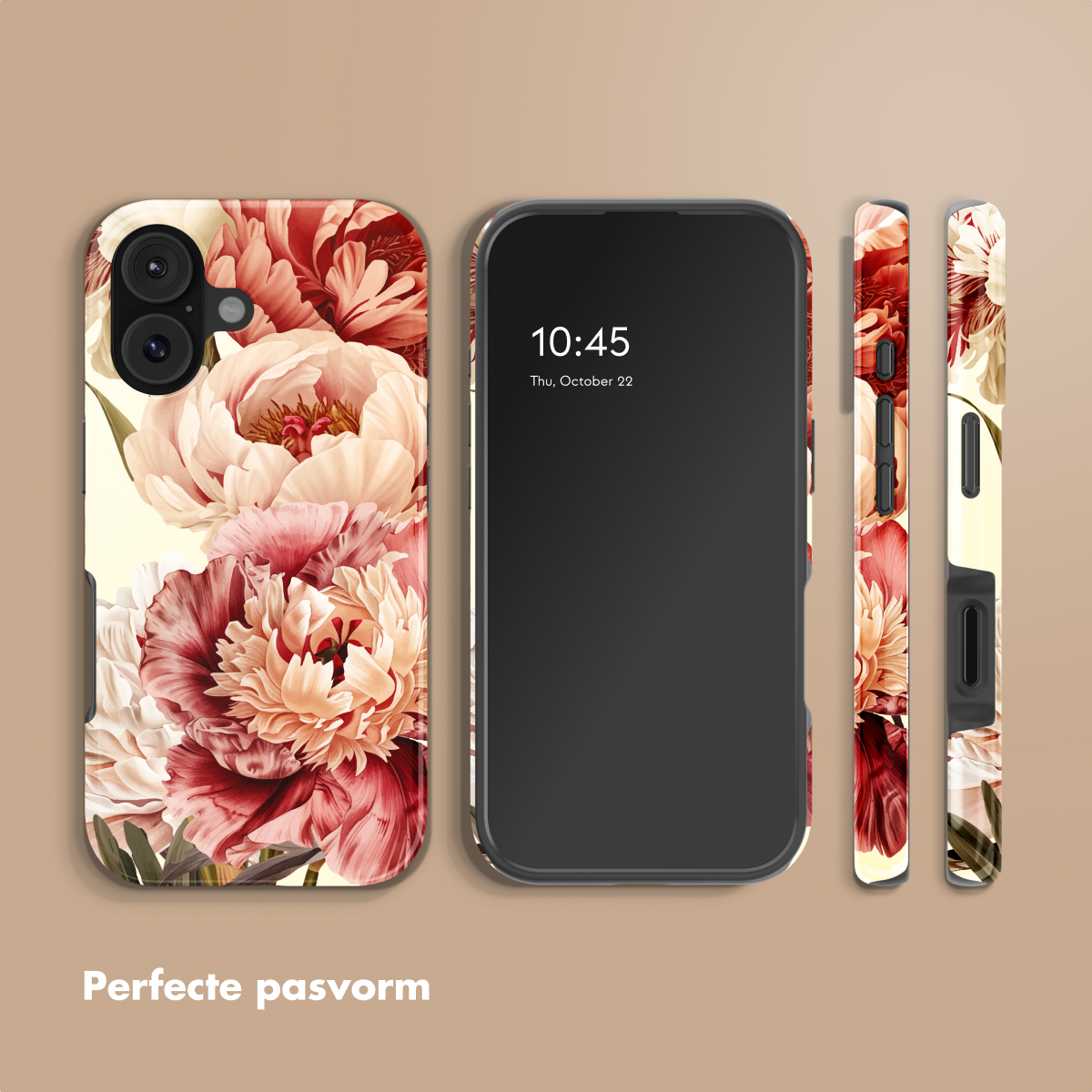 Cover iPhone con motivo di peonie esposta con un iPhone che mostra le 10:45.