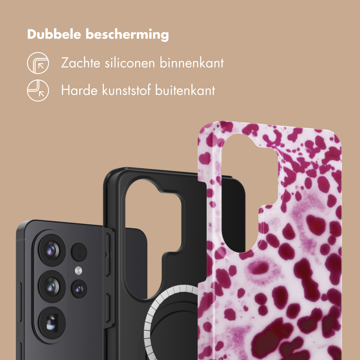 Téléphone noir avec deux coques, une intérieure souple, une extérieure rigide.