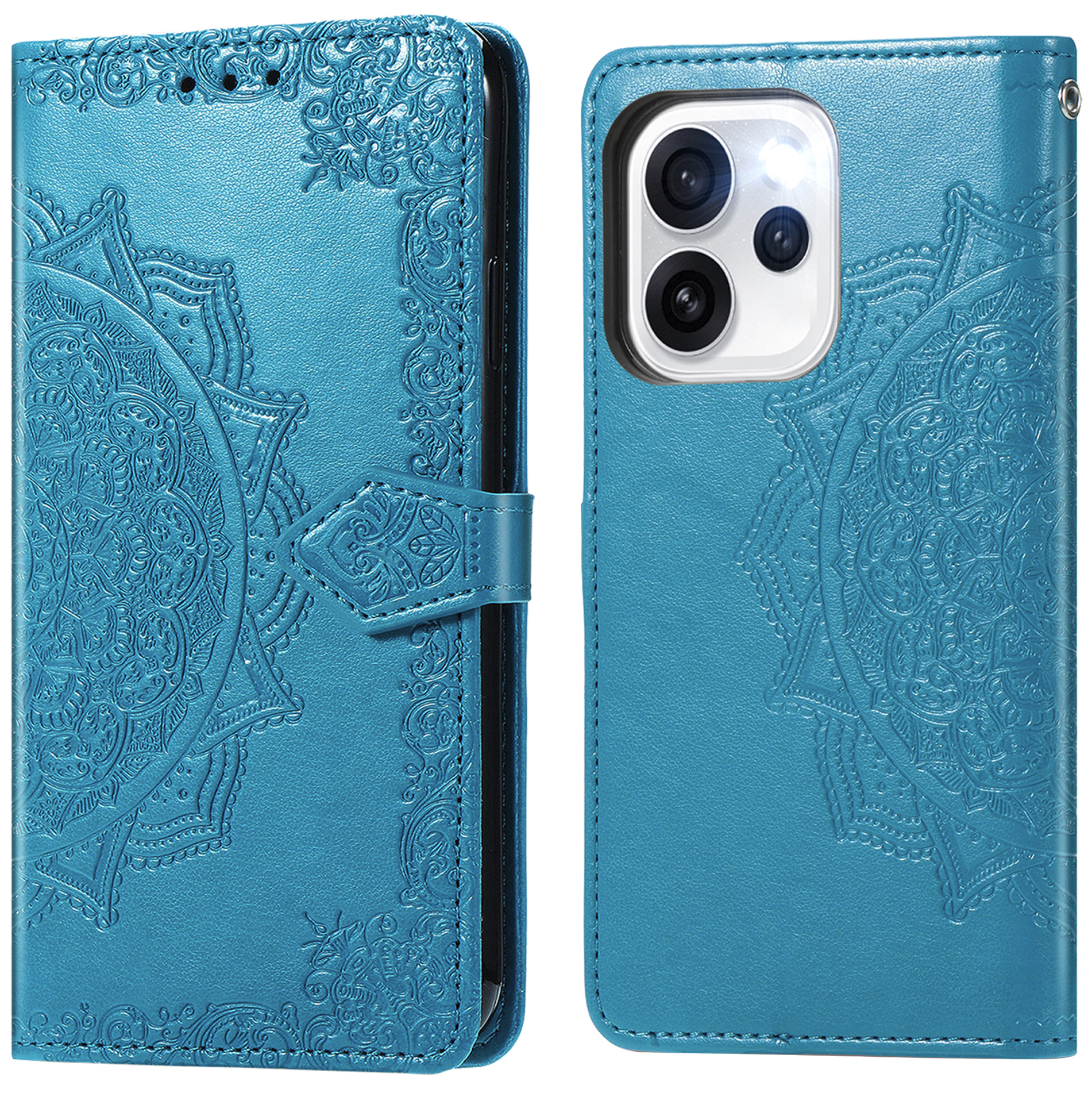 Blauwe leren telefoonhoes met reliëf mandala, open en gesloten getoond.