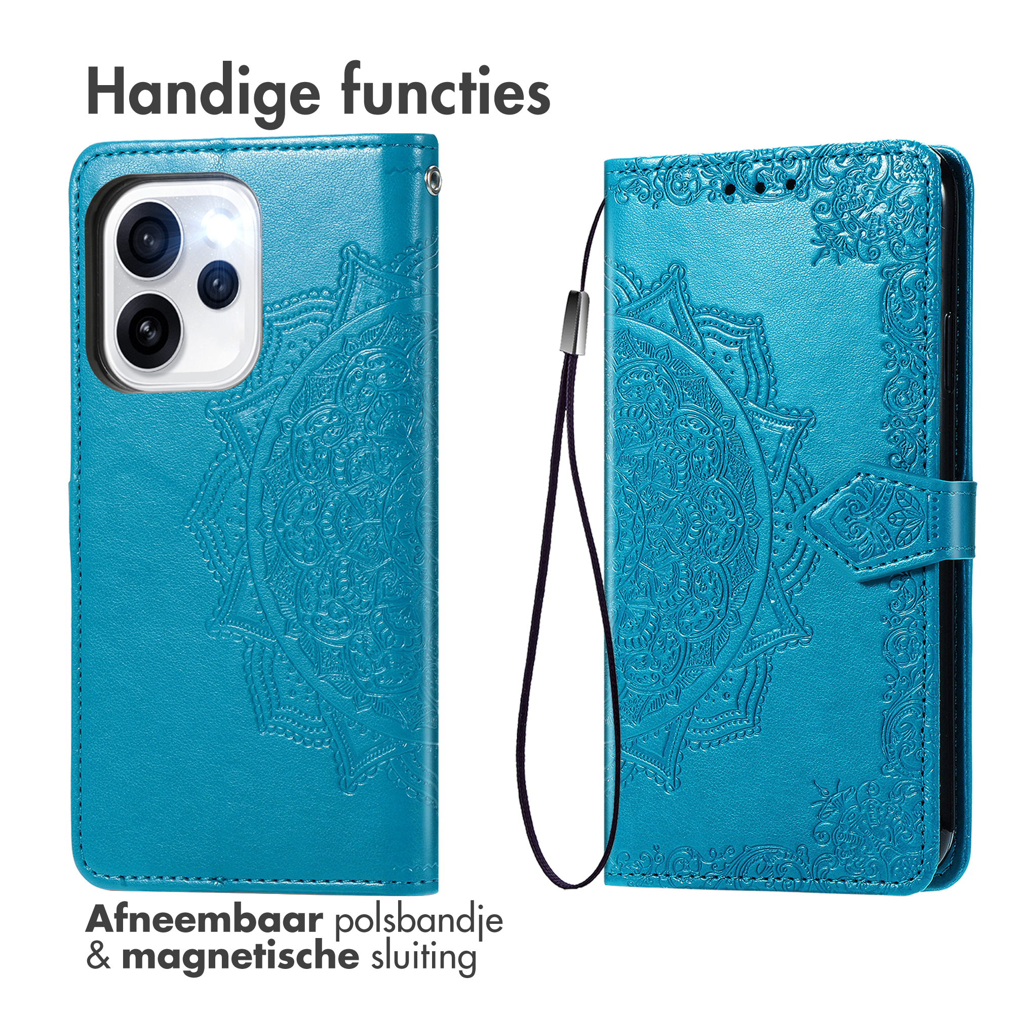 Turquoise telefoonhoes met reliëf mandalapatroon, voor- en achterkant.