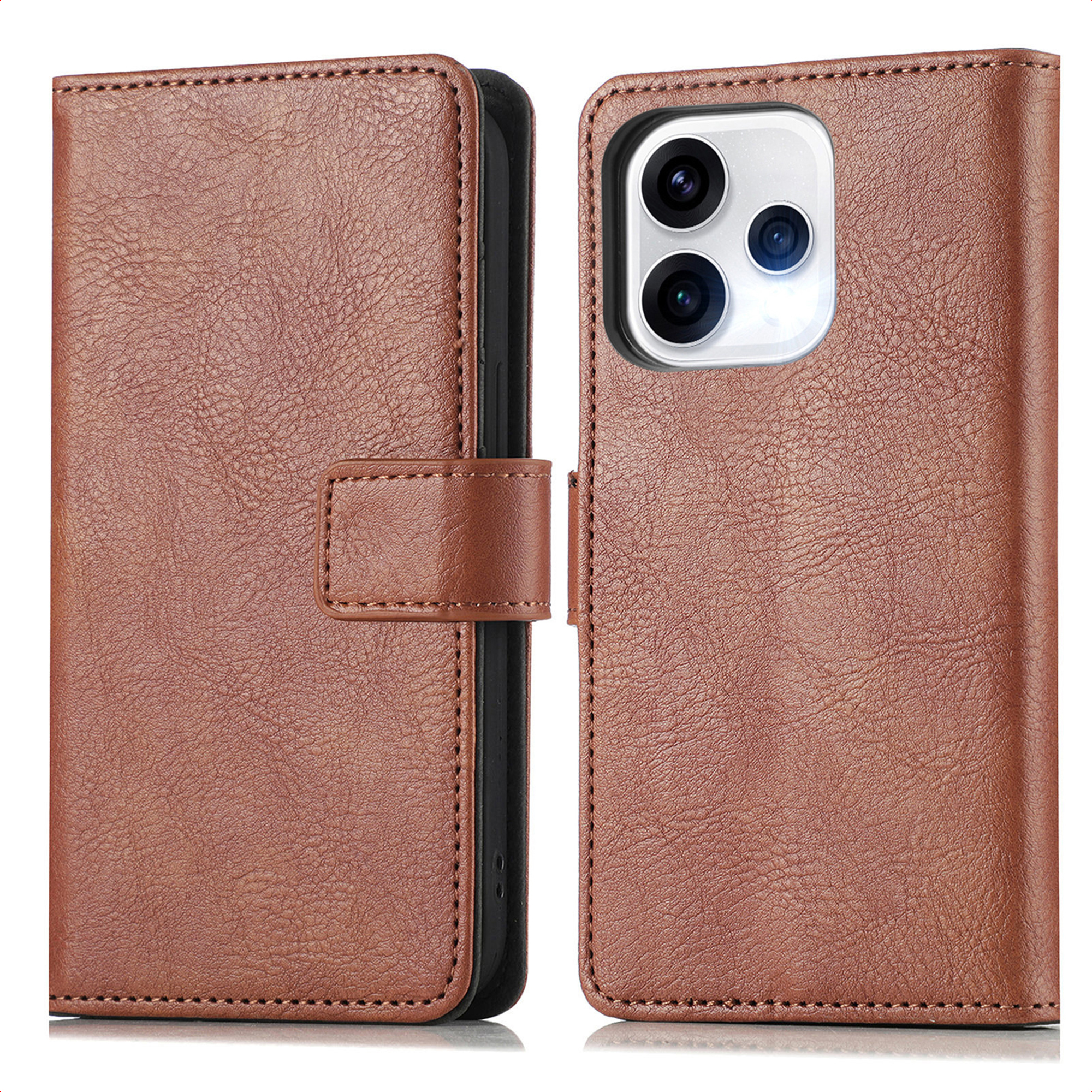 Étui en cuir marron pour iPhone avec découpe caméra et fermeture magnétique.