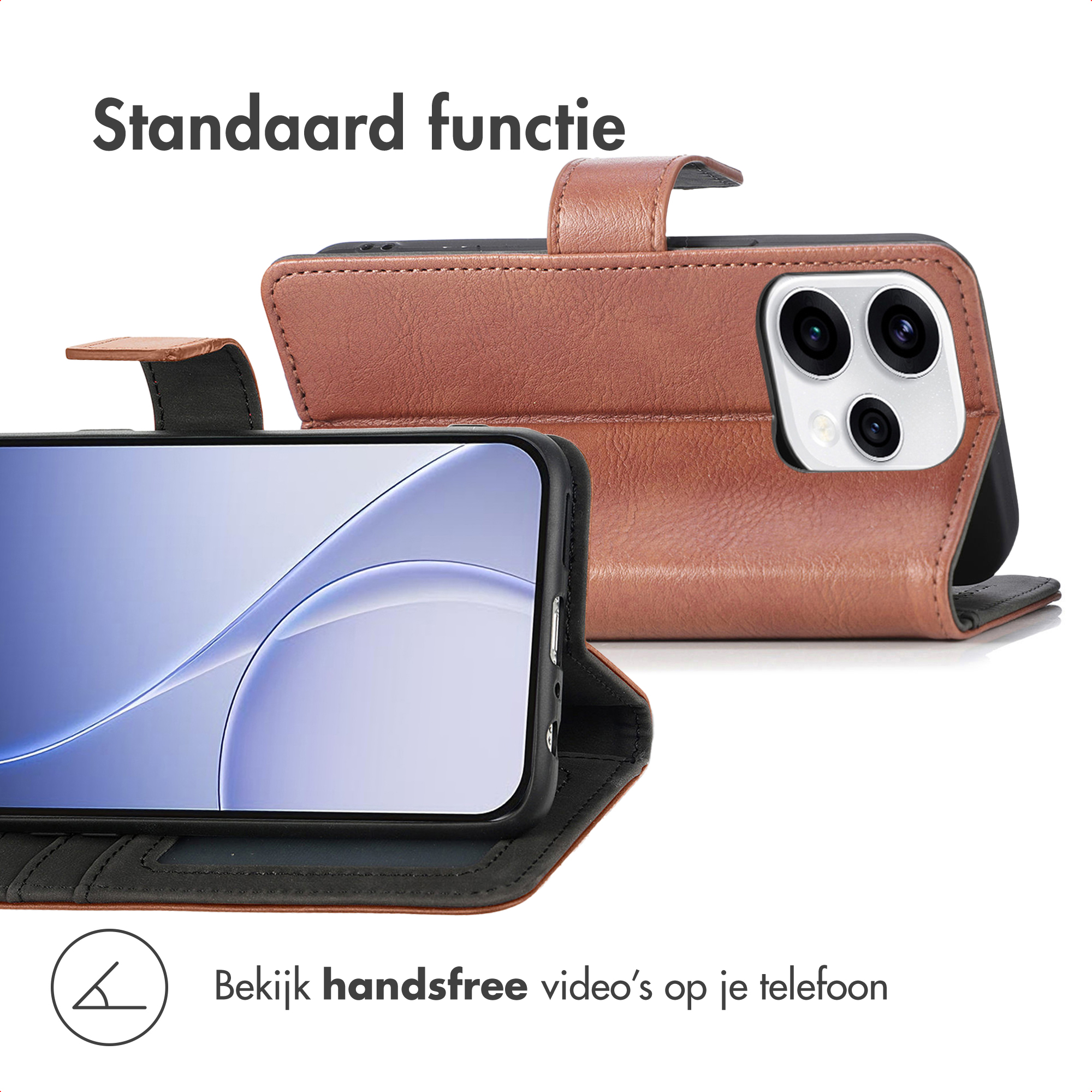 Étui à rabat en cuir marron avec fonction support pour smartphone.