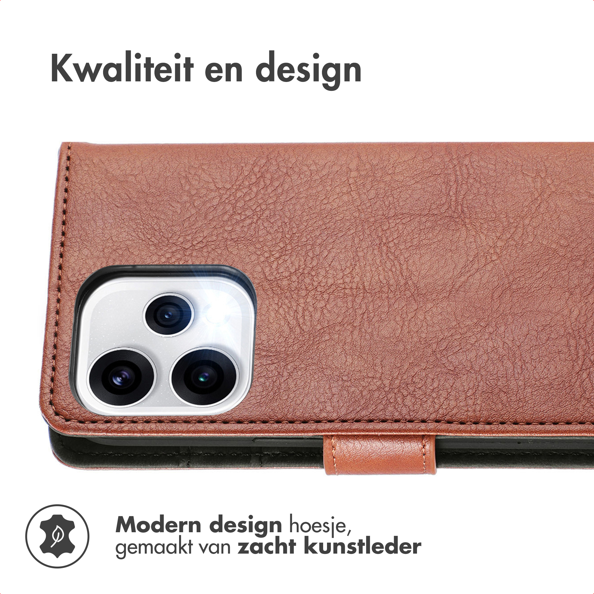 Étui de téléphone en similicuir marron avec trois objectifs et texte.