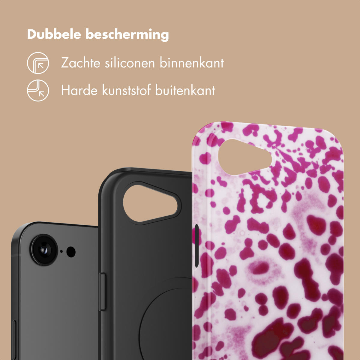 Un téléphone noir avec étui et un étui à motif rose.