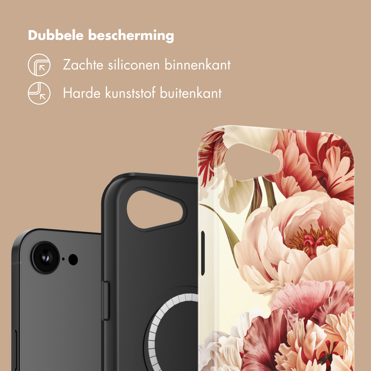 Un telefono con motivo floreale accanto a una custodia nera e un telefono.