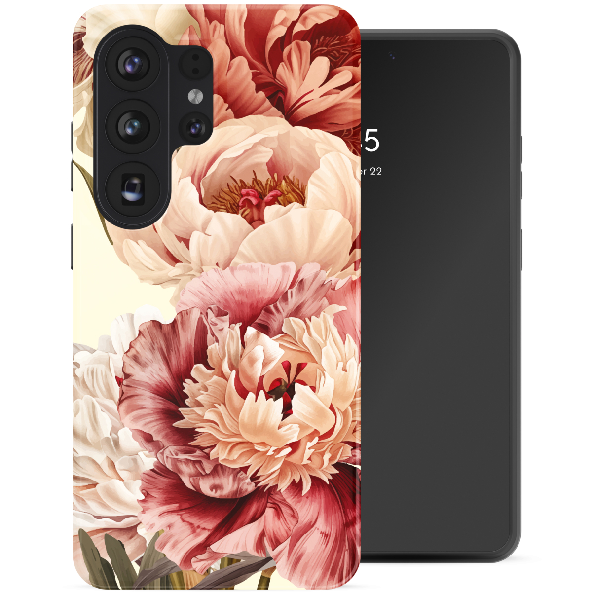Un smartphone avec un motif floral de pivoines sur sa coque.