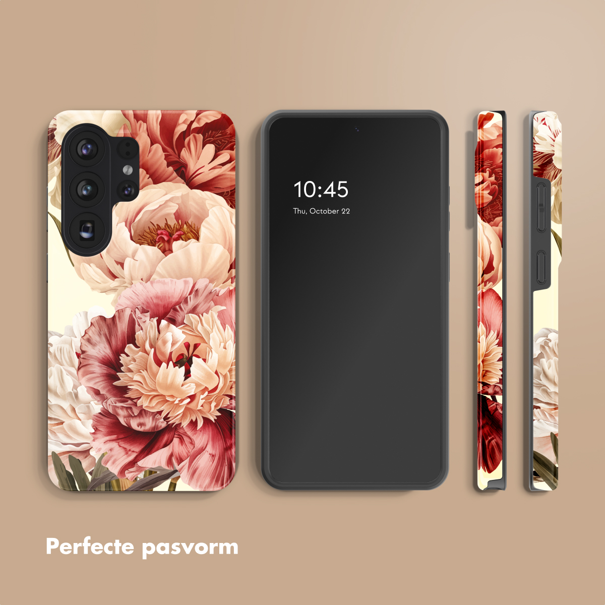 Coque de téléphone à motif de pivoines à côté d'un smartphone.