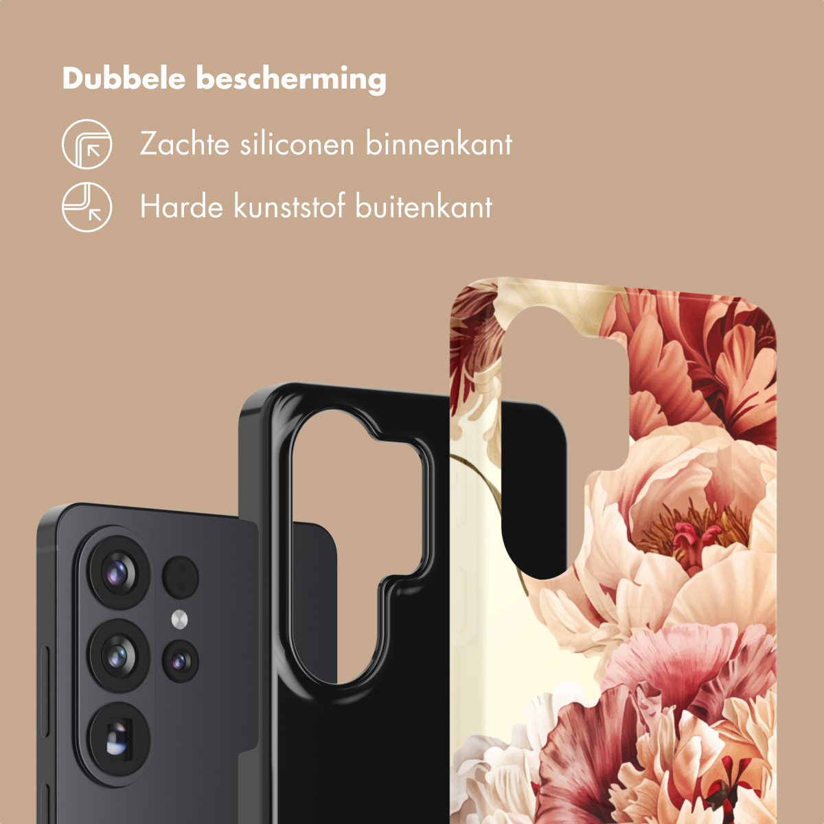 Téléphone noir avec deux coques de protection : une à fleurs, une noire.