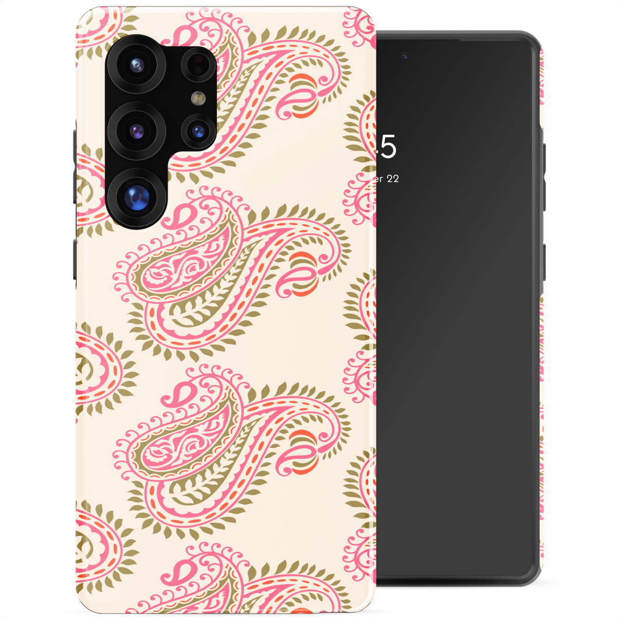 Een crèmekleurige telefoonhoes met een roze, groen en oranje paisley patroon.