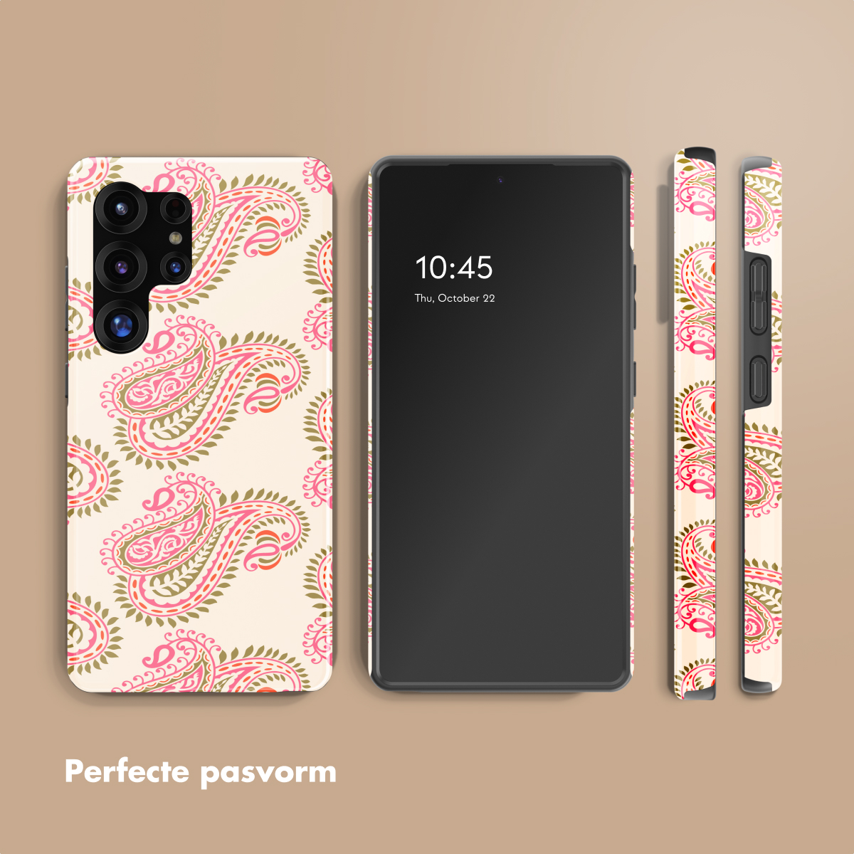 Een smartphone met een roze paisley-patroon, naast twee telefoonhoesjes.