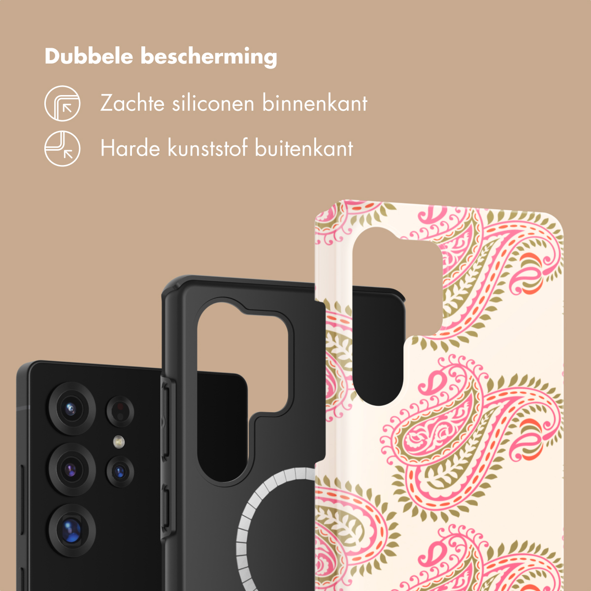 Een telefoonhoes met paisley-patroon, met siliconen en plastic lagen.