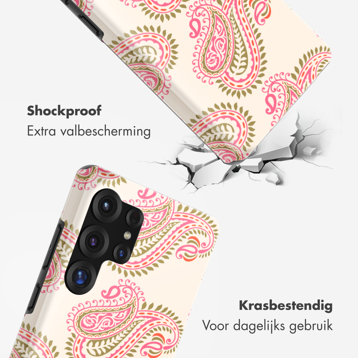 Telefoonhoesje met roze en groen paisley patroon, schokbestendig en krasbestendig.