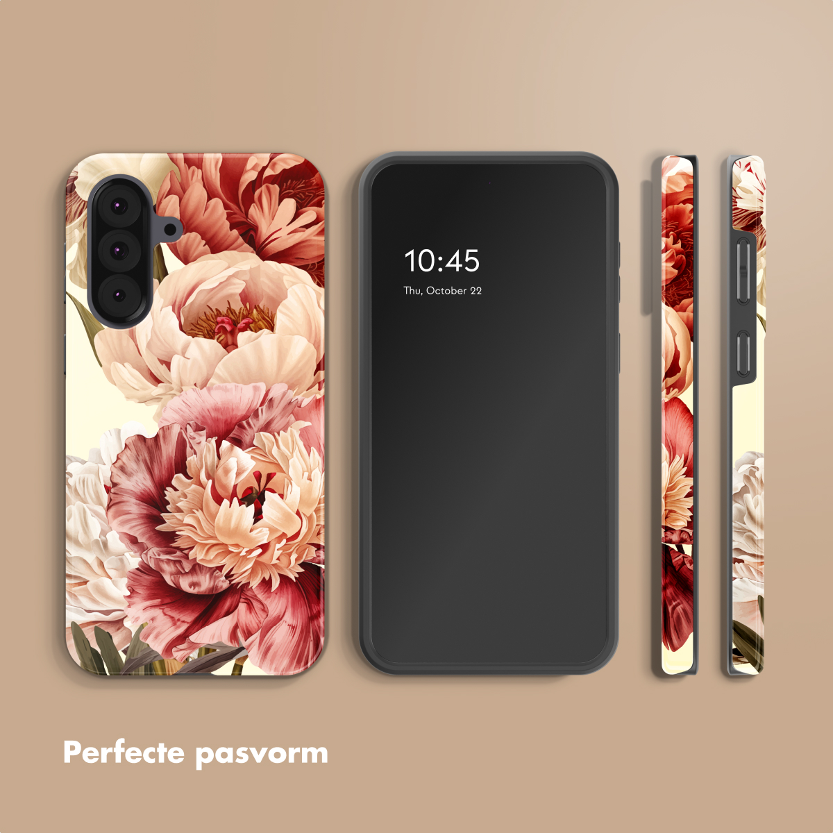 Un smartphone avec une coque florale, à côté d'un smartphone sombre.