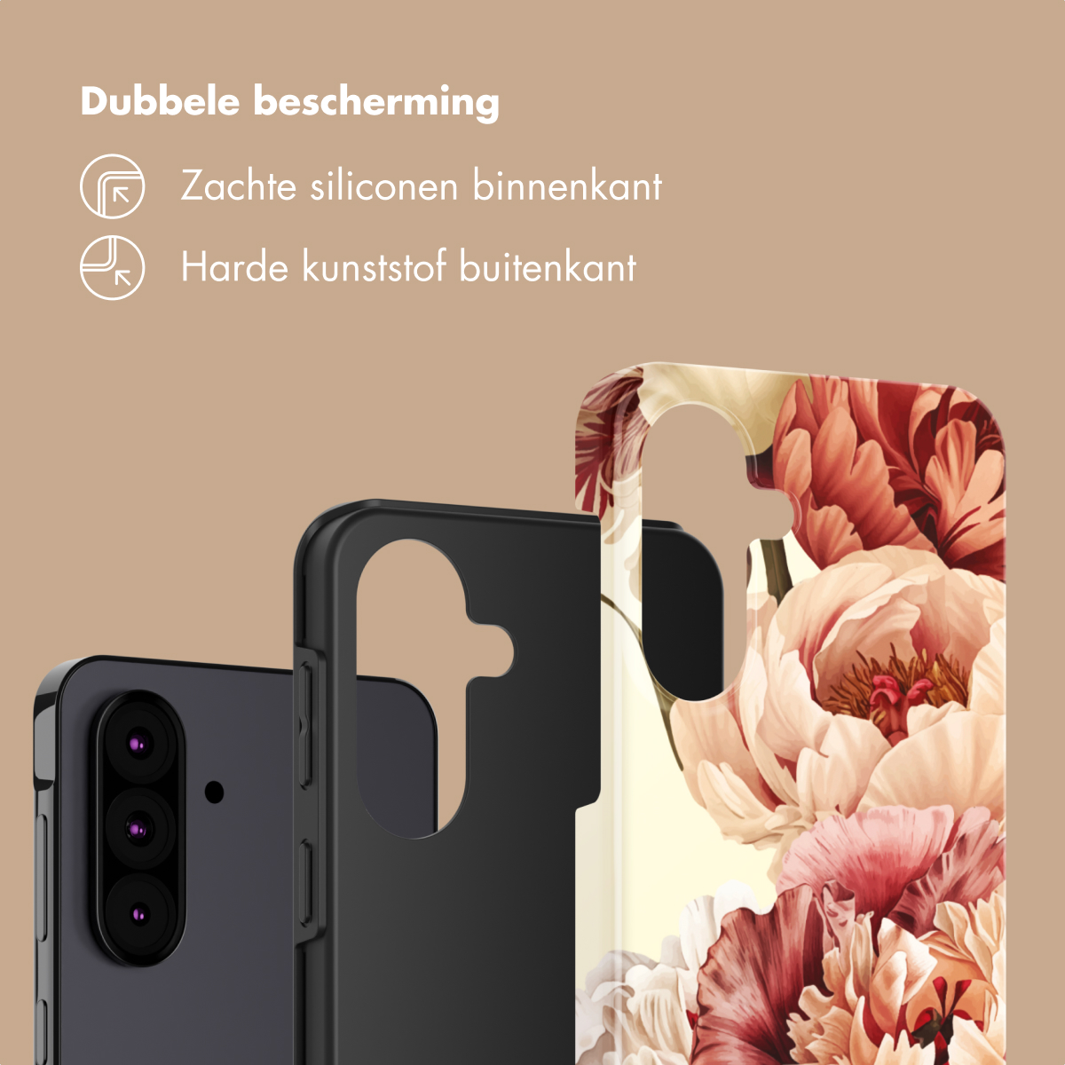 Un smartphone avec une coque à motif floral. Double protection.