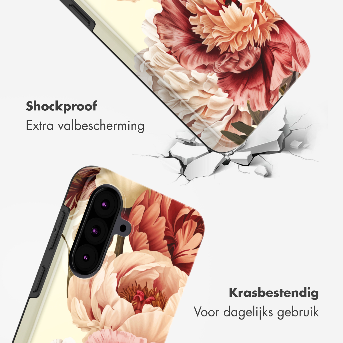 Coque de téléphone florale tombe, montrant résistance aux chocs et rayures.