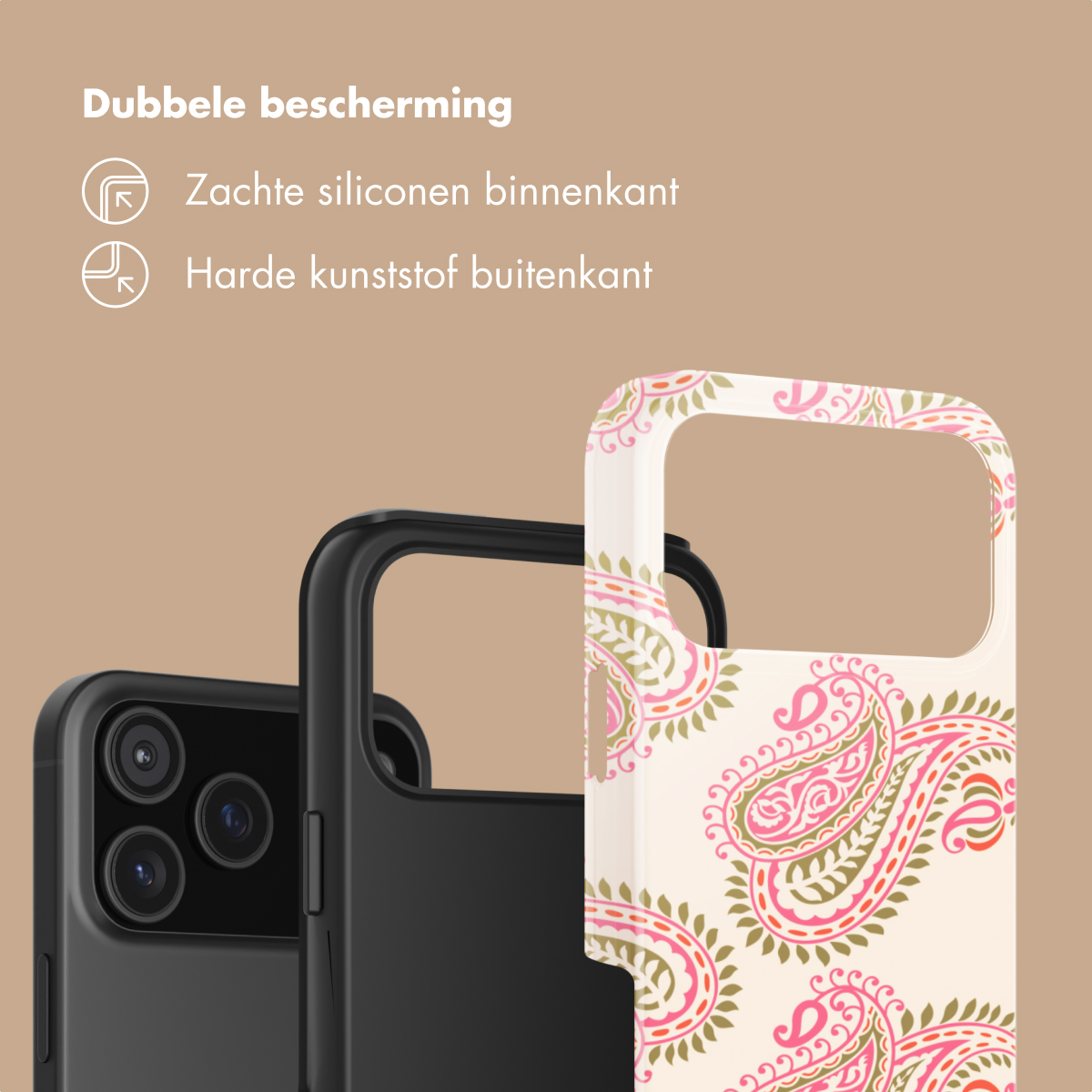 Twee telefoonhoesjes: een zwarte en een crème met paisley-patroon.