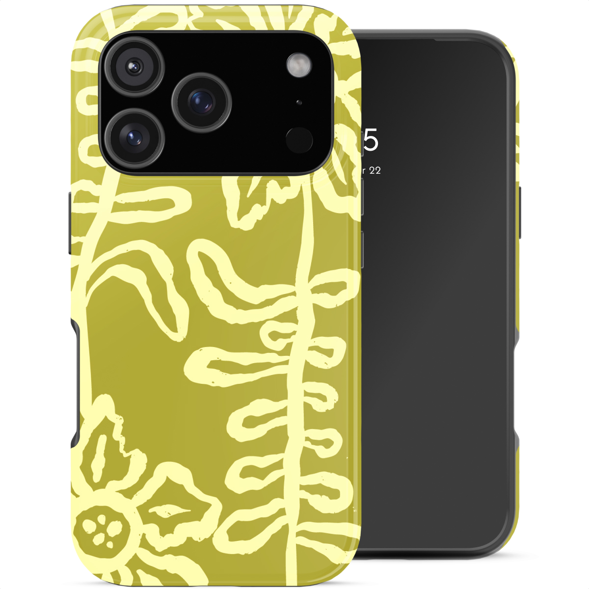 Een telefoon met een geel bloemenhoesje naast een zwarte telefoon.