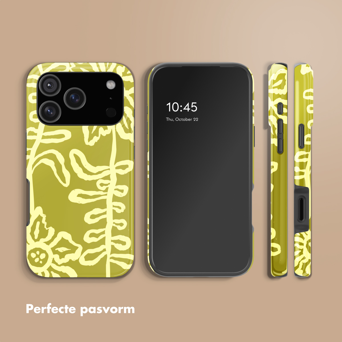 Een gele telefoonhoes met een lichtgeel bloemenpatroon en een smartphone.