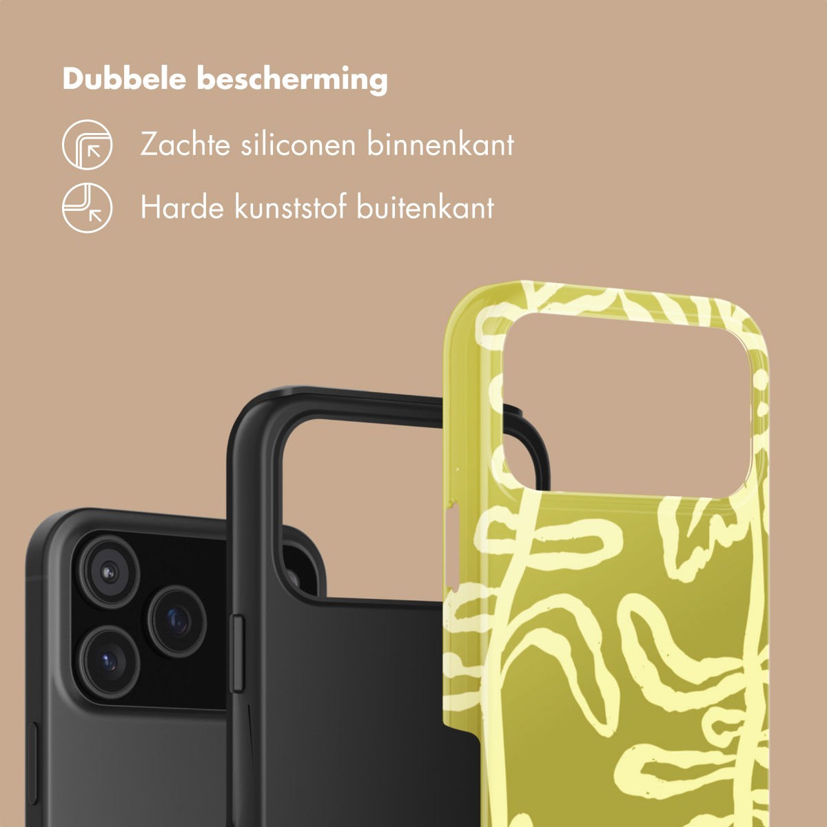 Twee telefoonhoesjes: één zwart, één lichtgroen met patroon.