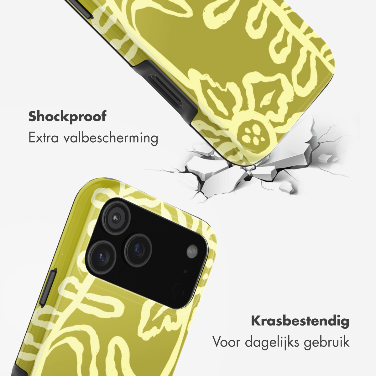 Groene telefoonhoes met bloemenpatroon, schokbestendig en krasbestendig.