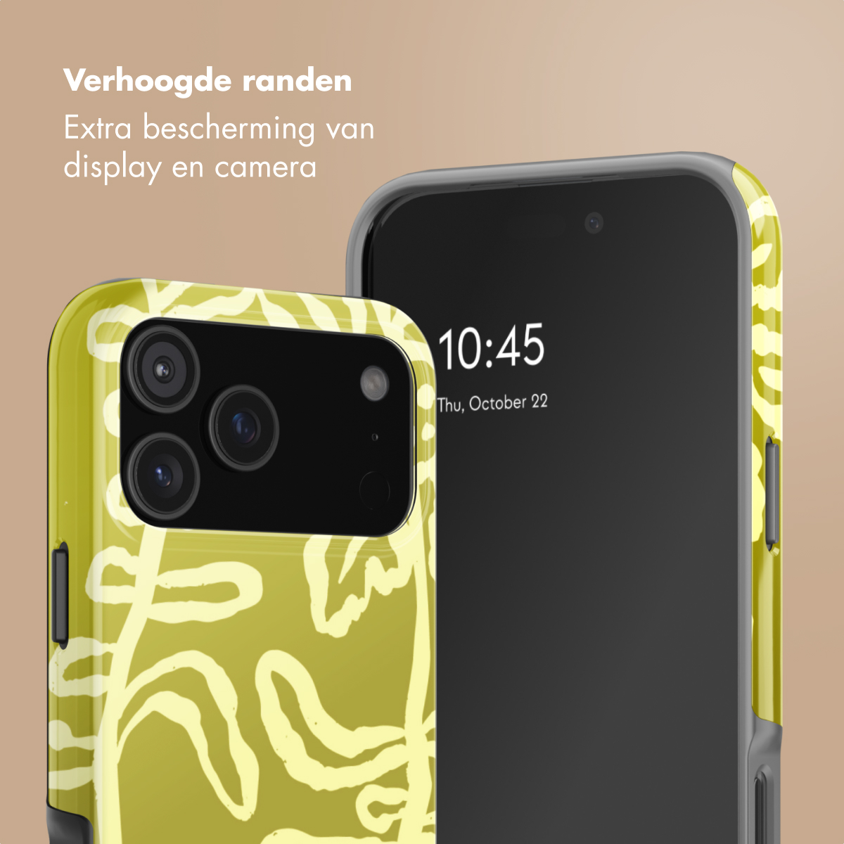 Een limegroene telefoonhoes met geel bloemenpatroon, naast een smartphone.