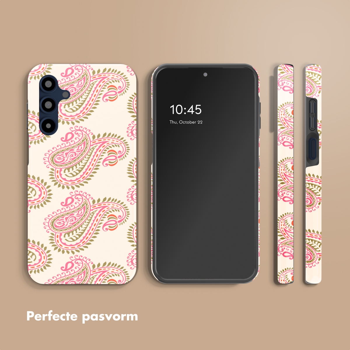Uno smartphone con custodia a fantasia paisley rosa e verde su sfondo chiaro.
