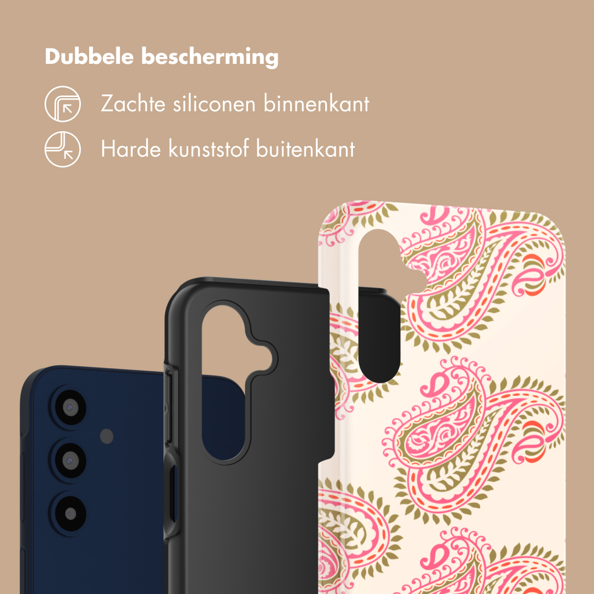 Un telefono blu, una custodia nera e una custodia fantasia una accanto all'altra.