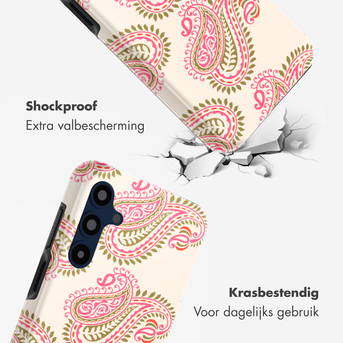 Una custodia per telefono con motivo paisley rosa, verde e crema. Mostra resistenza.