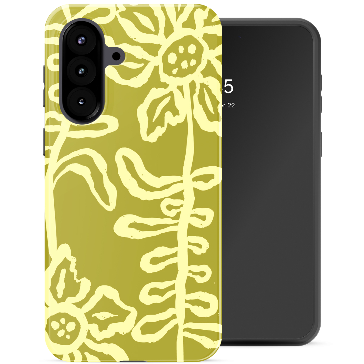 Geel telefoonhoesje met geel bloemenpatroon naast een zwarte telefoon.