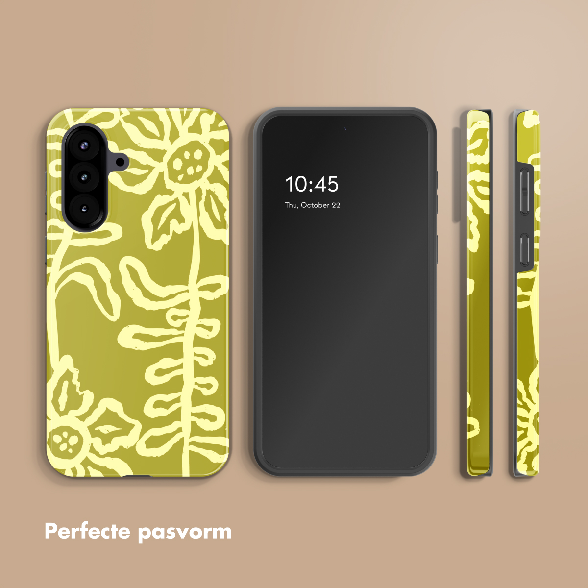 Telefoonhoesje met bloemenpatroon naast een smartphone.