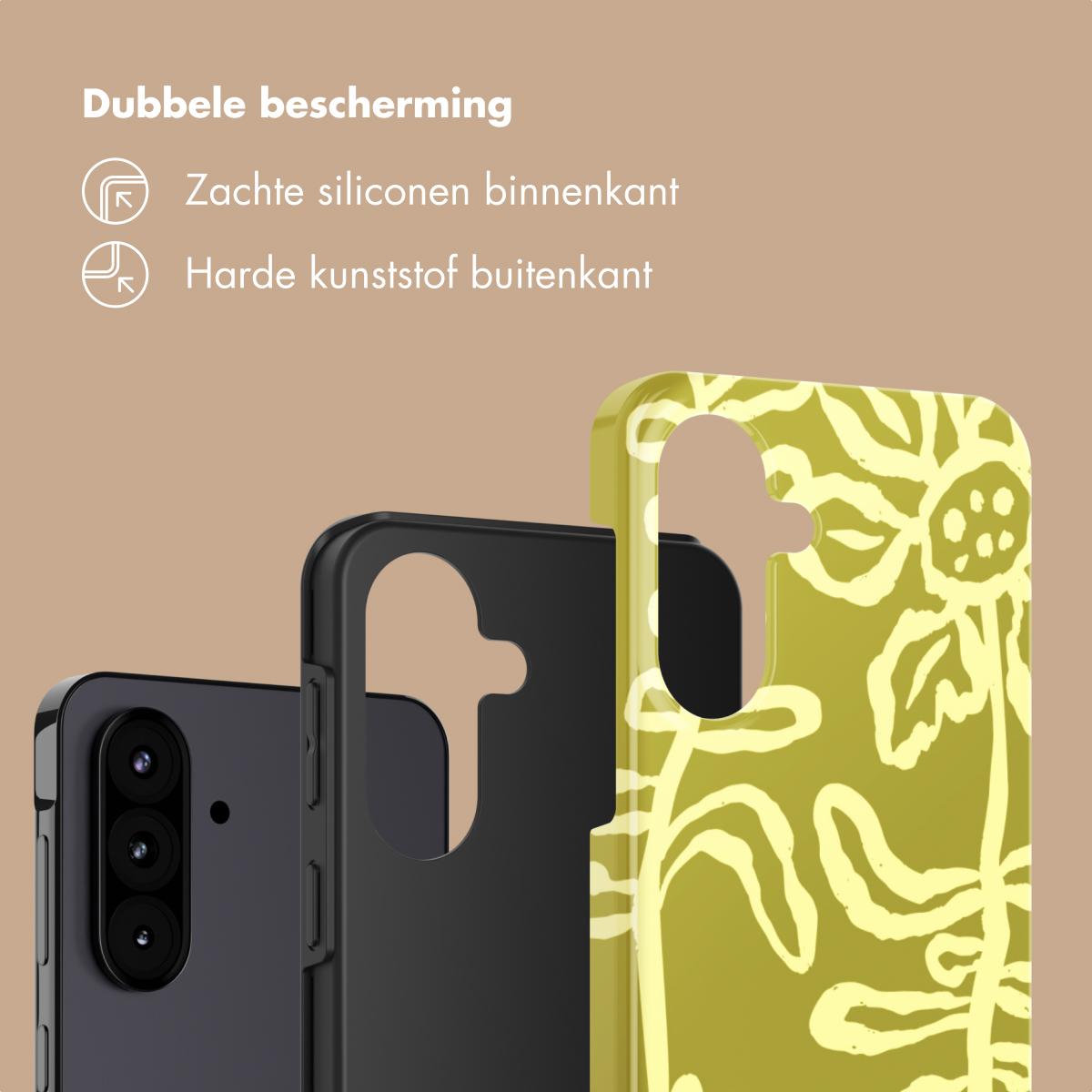 Een smartphone met drie achtercamera's, naast zwarte en gele telefoonhoesjes.