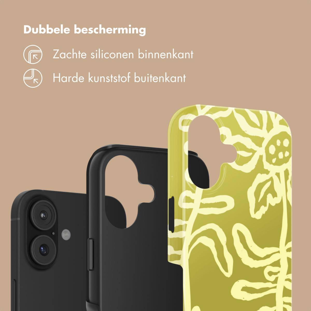 Tre custodie per telefono: nere, nere con interno in silicone morbido e una gialla floreale.