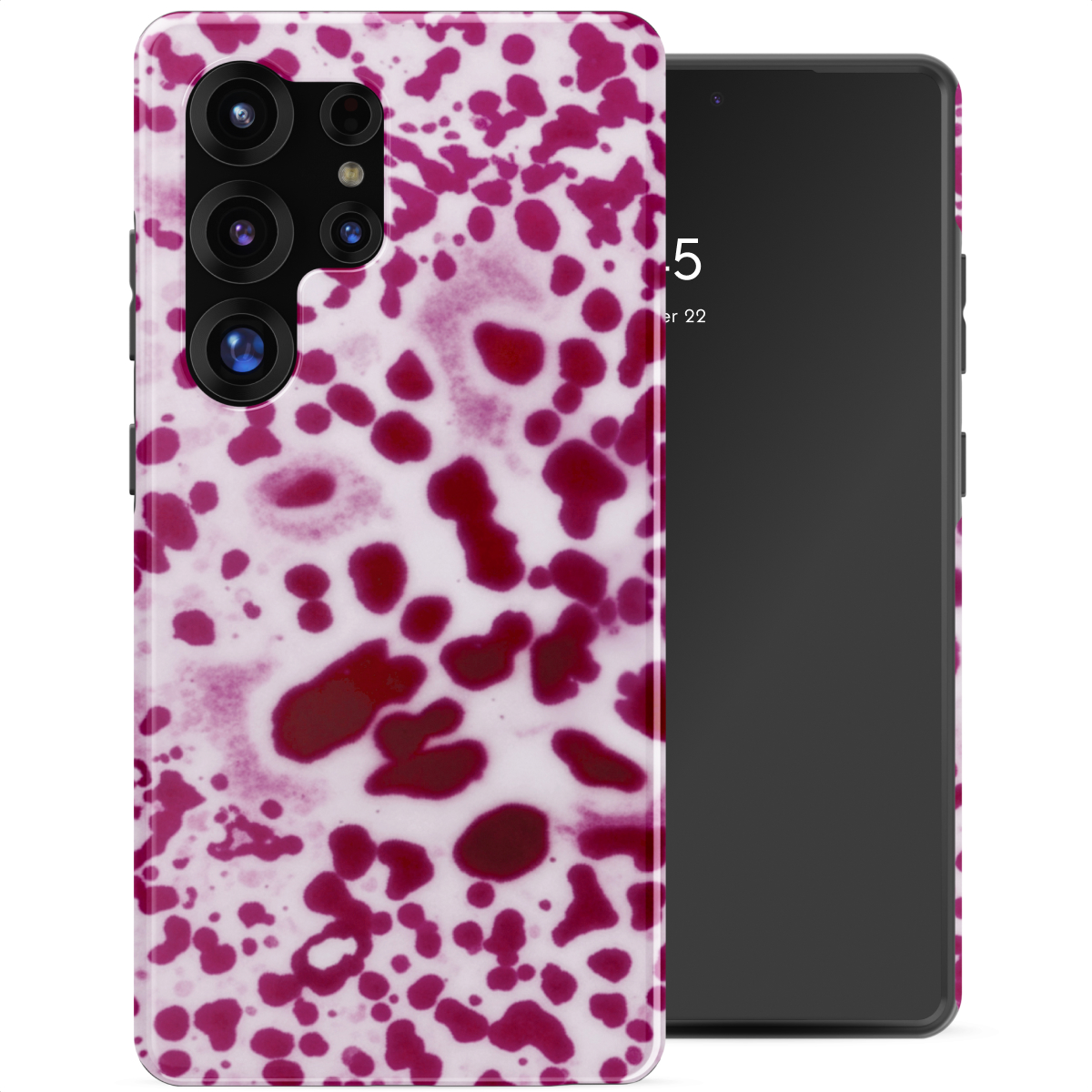 Een smartphone met een witte en paarse gespikkelde hoes.