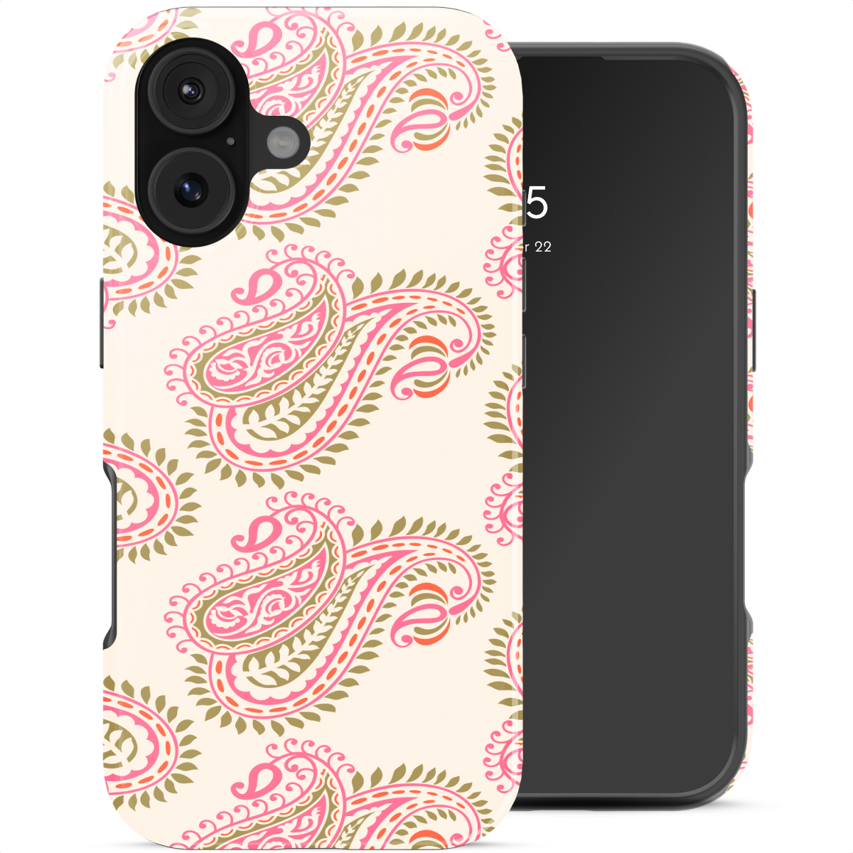 Un telefono con custodia color crema con motivi paisley rosa e verdi.