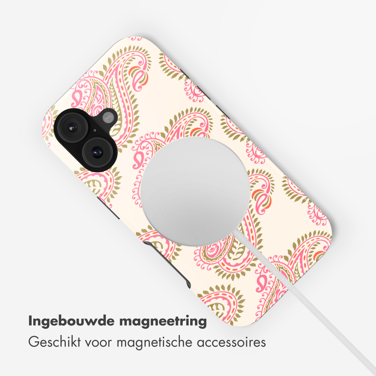 Una cover per telefono con motivo paisley rosa e verde su sfondo chiaro.