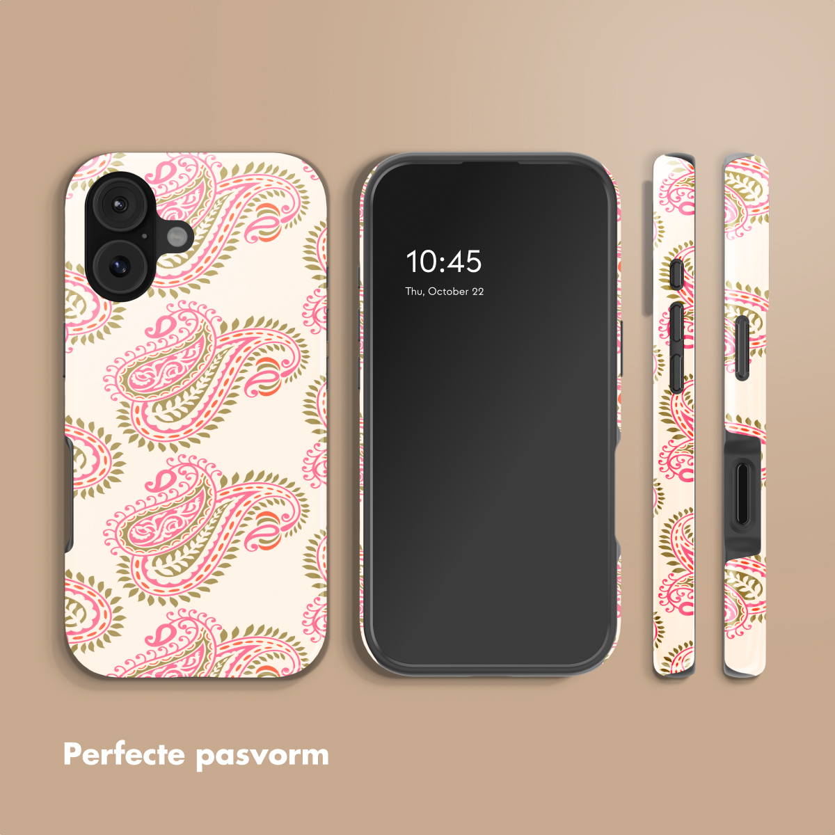 Una custodia per telefono con motivi paisley rosa e verdi accanto a uno smartphone.