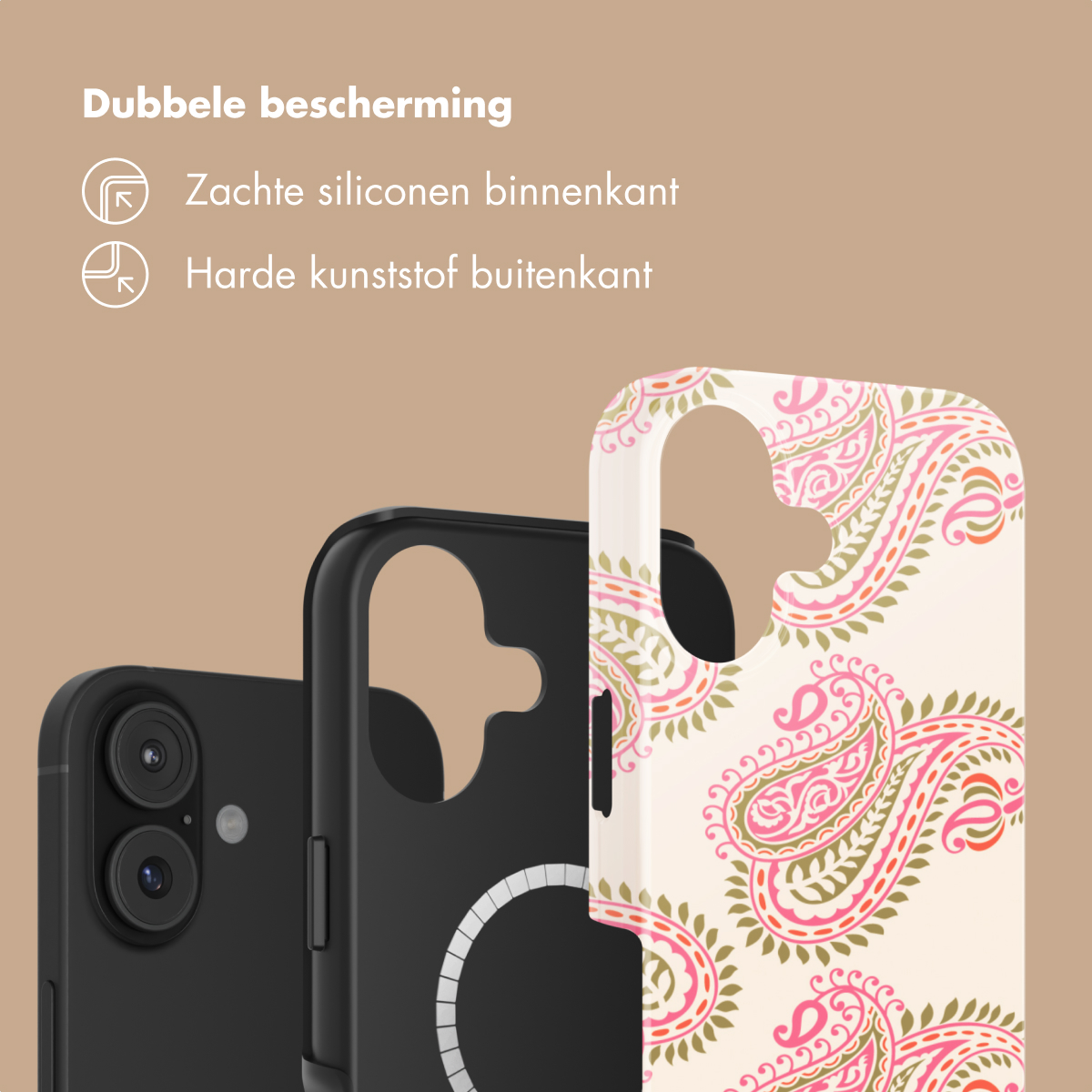 Tre custodie per telefono: una nera, una nera con anello e una crema con fantasia paisley.