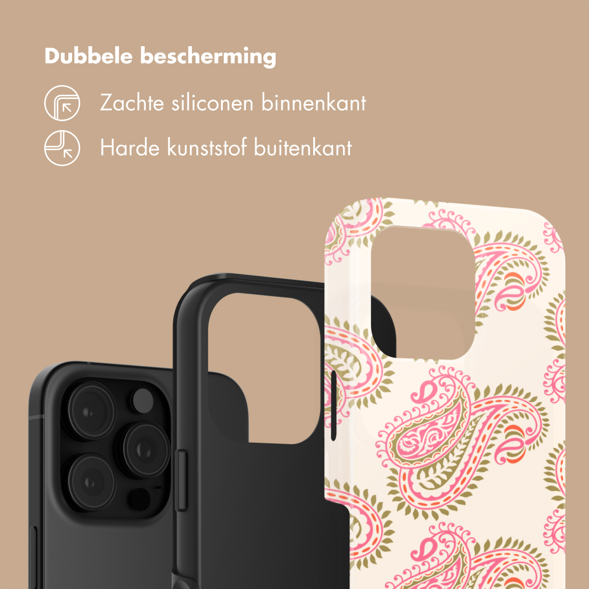 Twee telefoonhoesjes: één zwart, één met roze en groen paisley patroon.