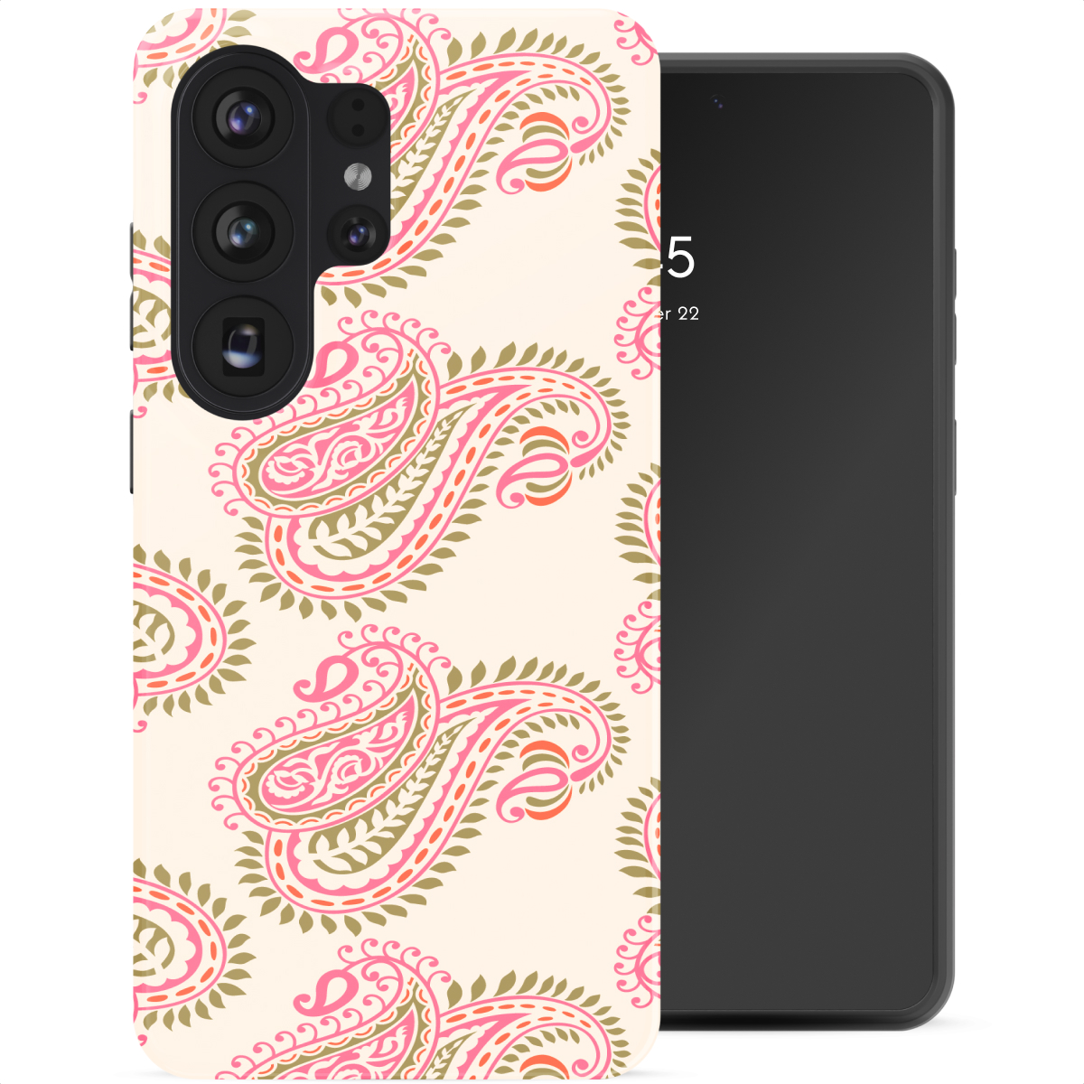 Un téléphone avec un motif cachemire rose et vert sur fond crème.