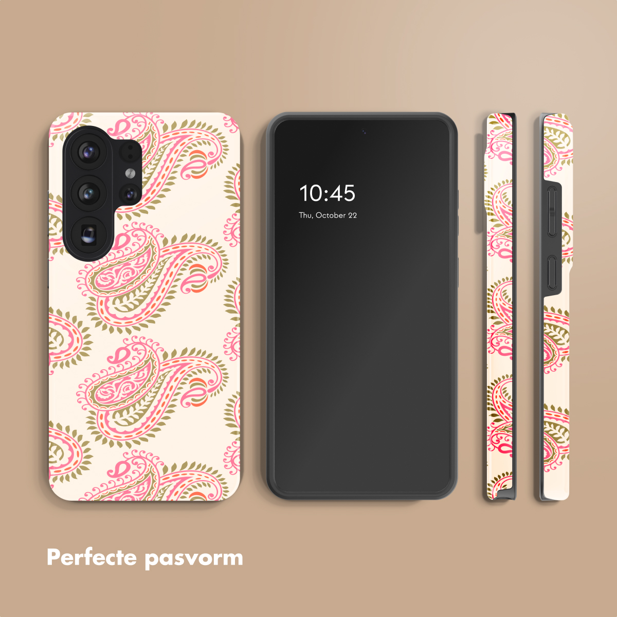 Un téléphone avec une coque à motif cachemire rose et vert, à côté d'un smartphone.
