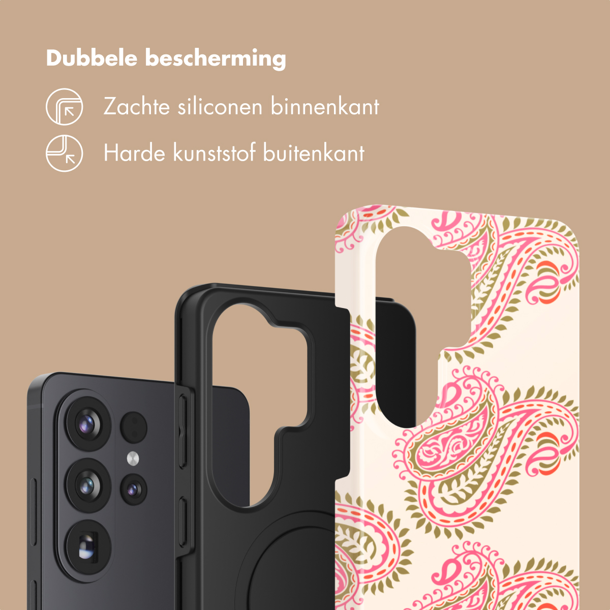 Téléphone noir avec étui cachemire et insert noir à côté.
