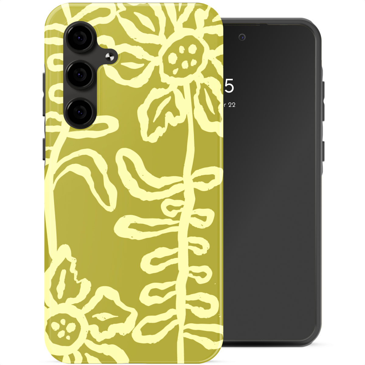 Una cover gialla con disegno floreale giallo chiaro accanto a uno smartphone nero.