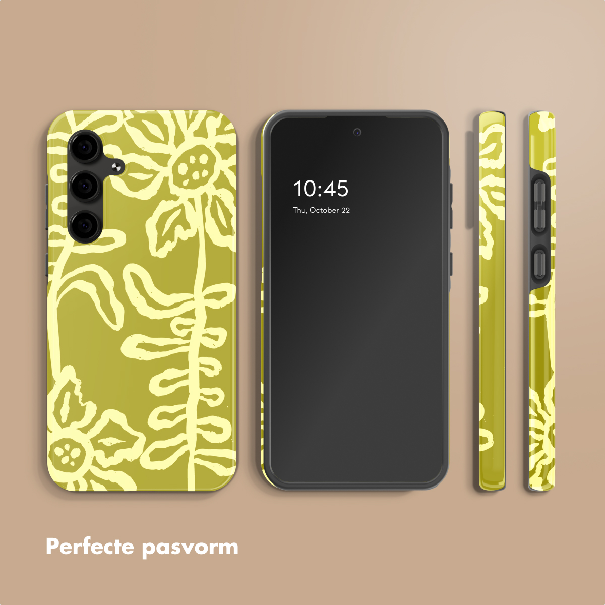Uno smartphone con cover gialla a fantasia floreale. Mostrati affiancati.