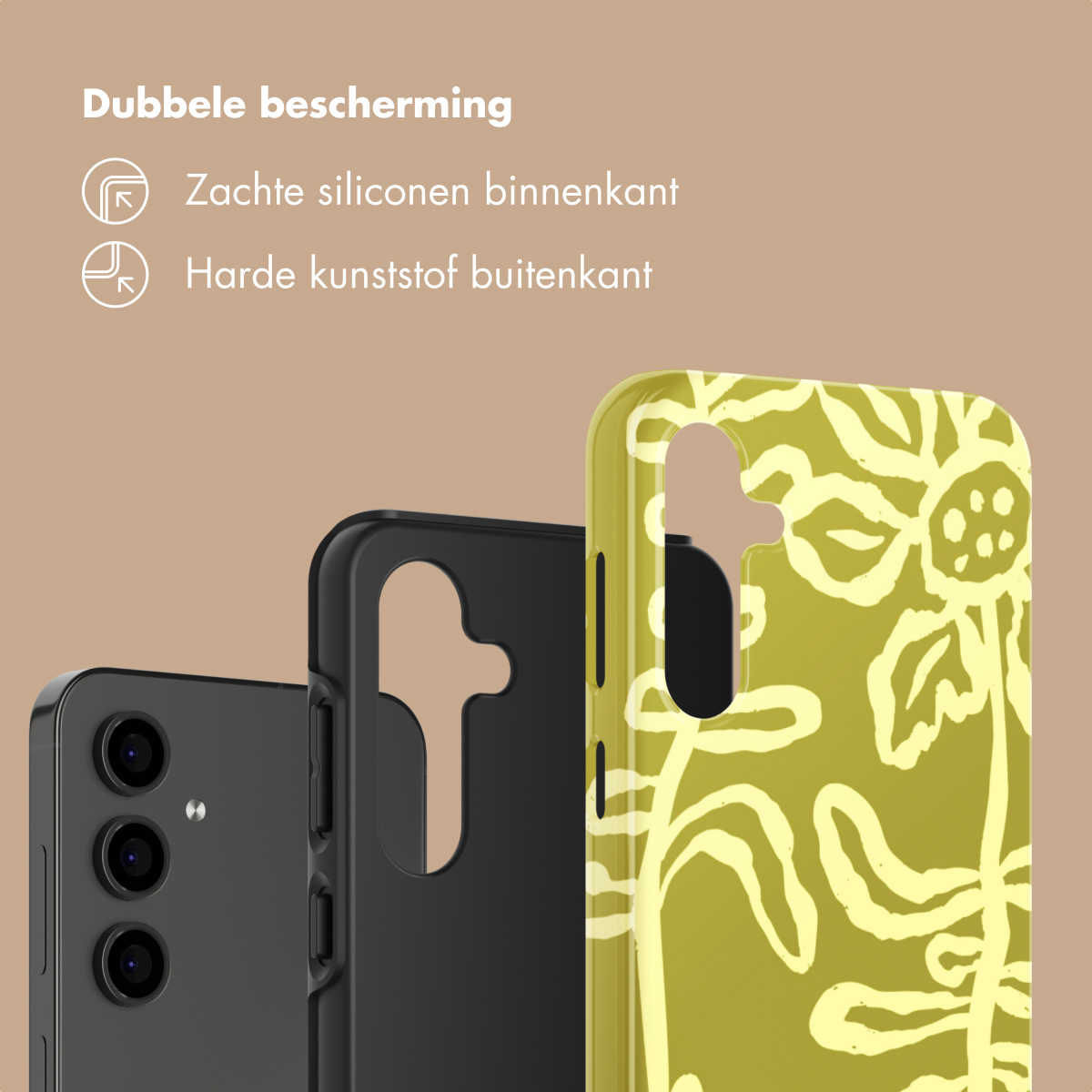 Smartphone con cover nera e verde fantasia.