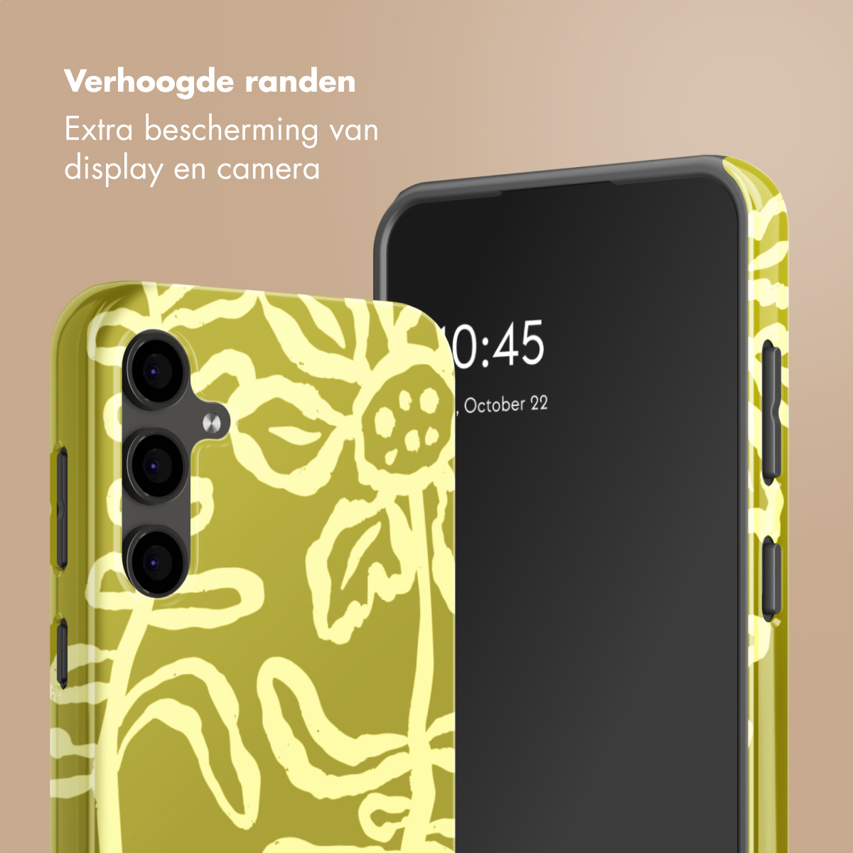 Un telefono giallo con fantasia floreale, accanto a uno smartphone.