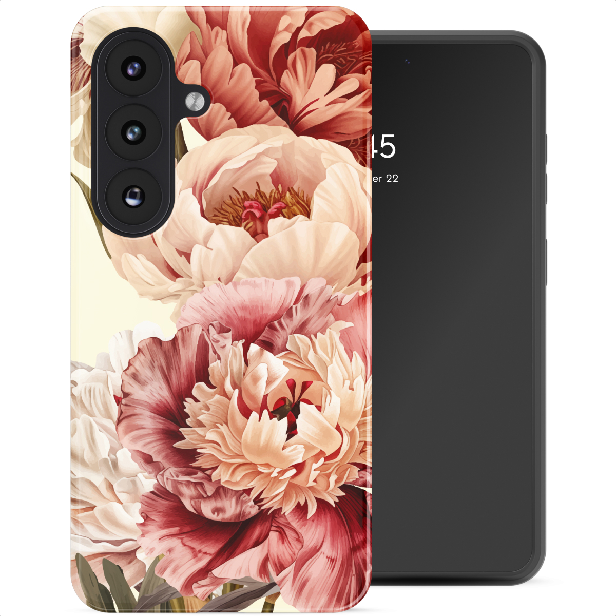Telefoonhoesje met bloemenprint naast een zwart telefoonscherm.