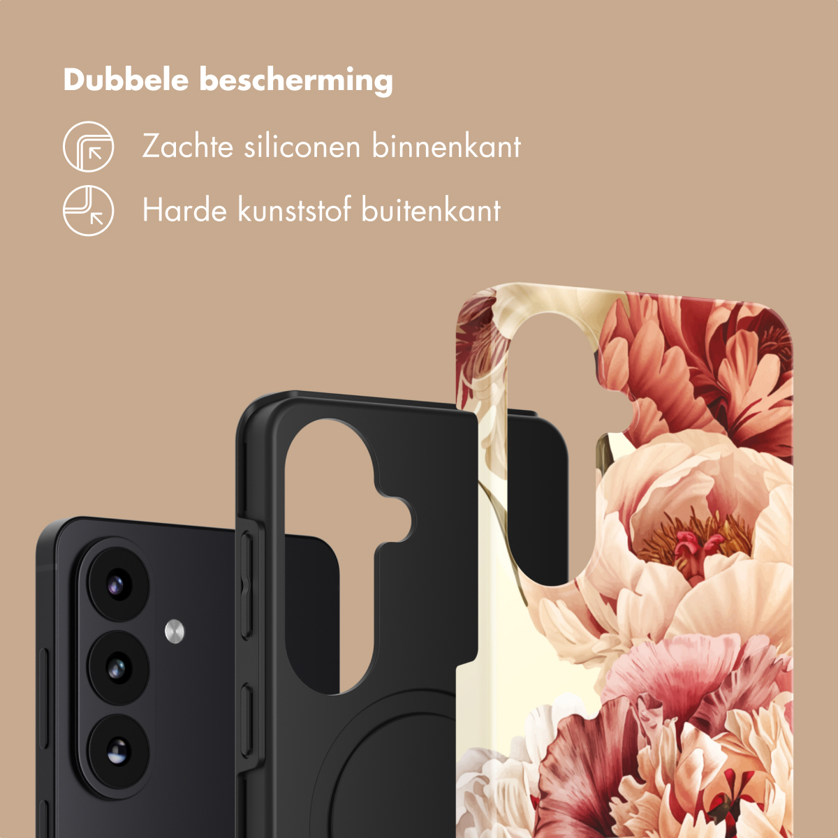 Een zwarte telefoon naast een telefoonhoes met bloemenpatroon.