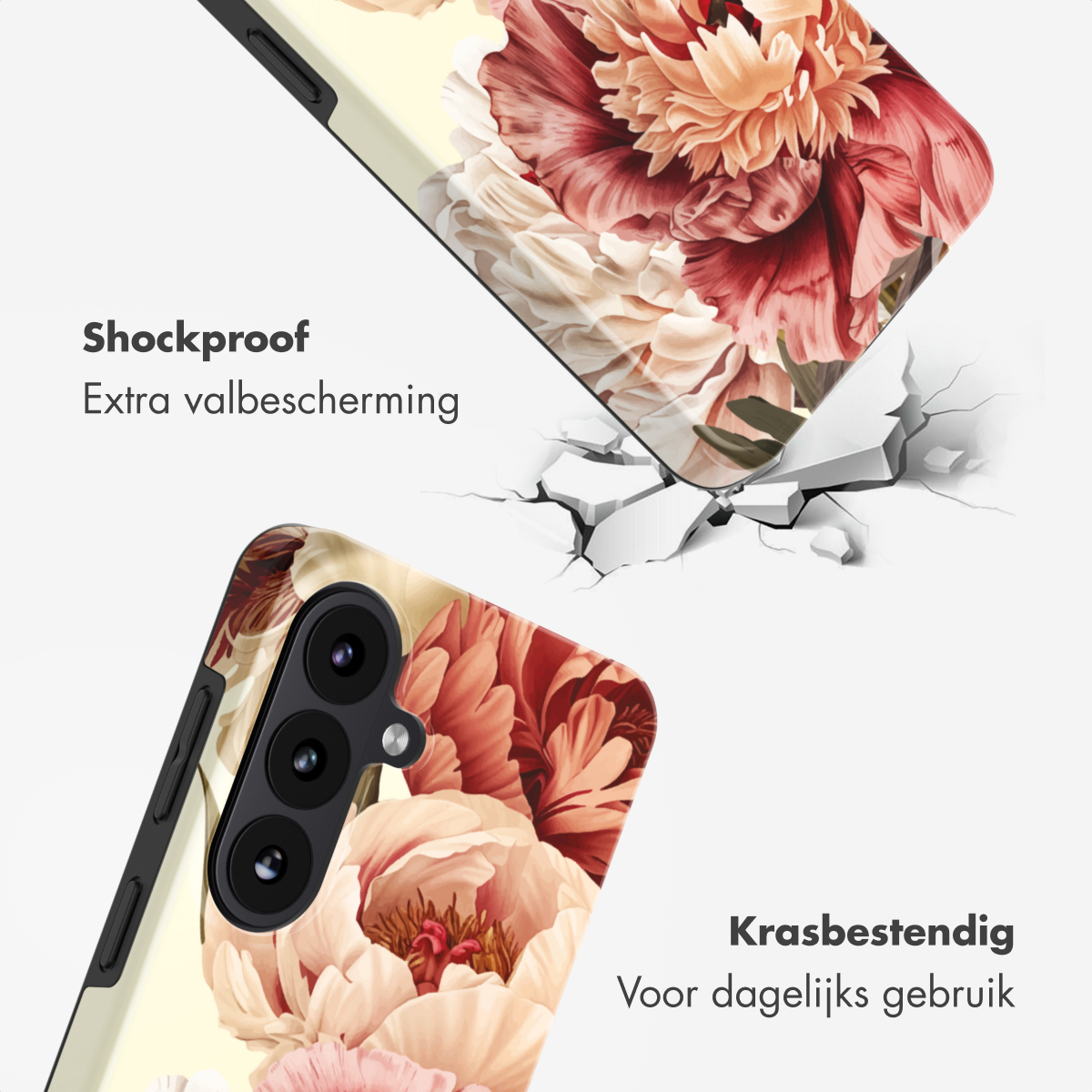 Telefoonhoesje met bloemenprint, schokbestendig en krasbestendig.