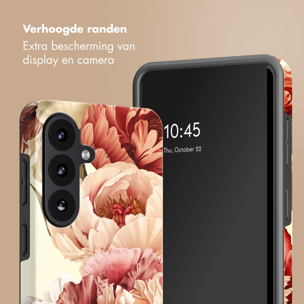 Een telefoon met bloemenhoes en verhoogde randen, toont 10:45.