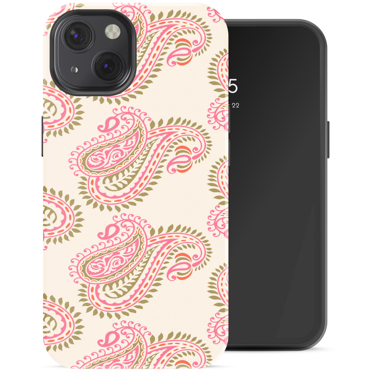 Smartphone nero con cover a fantasia paisley rosa e verde.